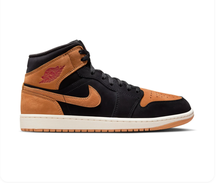 Air Jordan 1 Mid Black and Tan Sneakers with Burgundy Accents