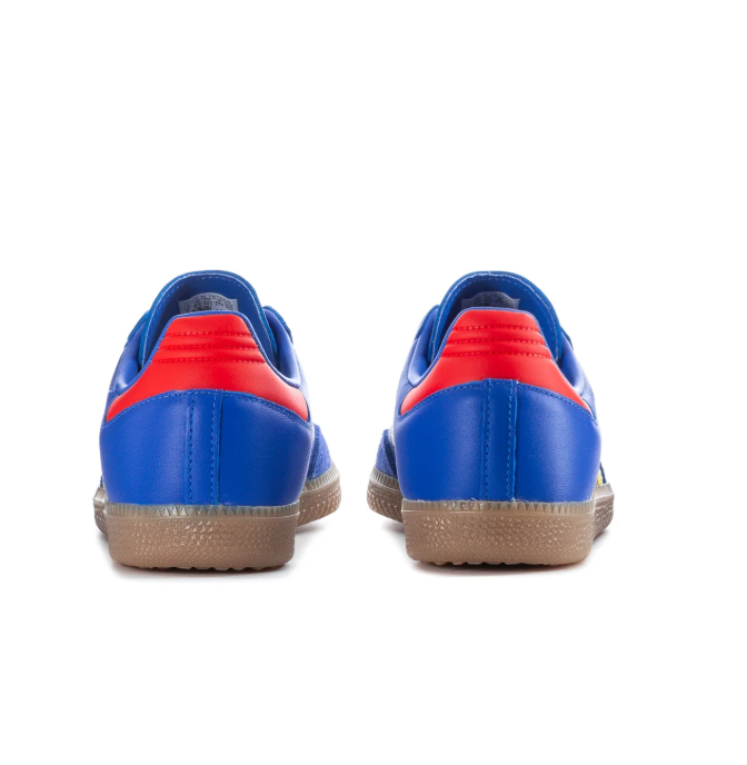 Adidas Samba Blue Sneakers with Yellow Stripes, Red Laces and Gum Sole