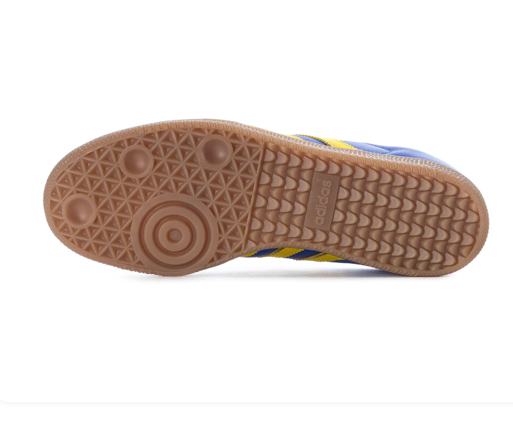 Adidas Samba Blue Sneakers with Yellow Stripes, Red Laces and Gum Sole
