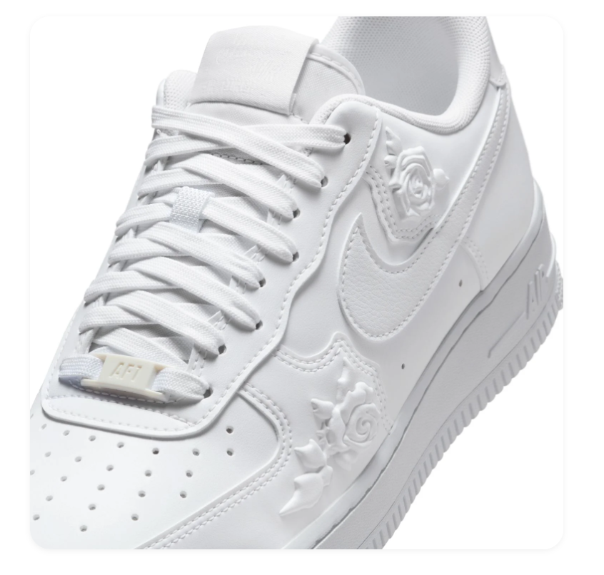 Nike Air Force 1 All-White Sneakers with Raised Rose Details