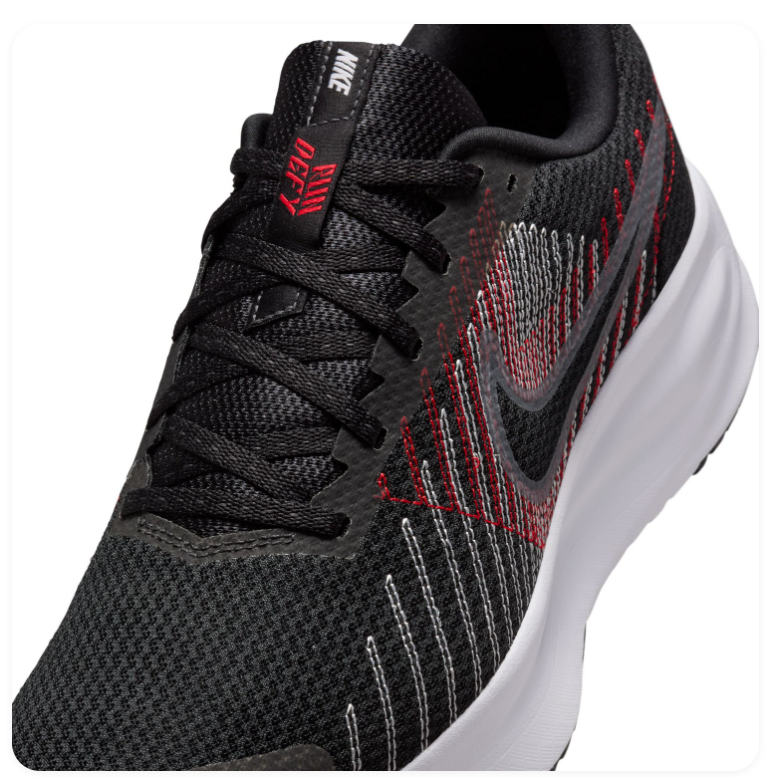 Nike Downshifter 11 Black Mesh Sneakers with Red and Silver Accents