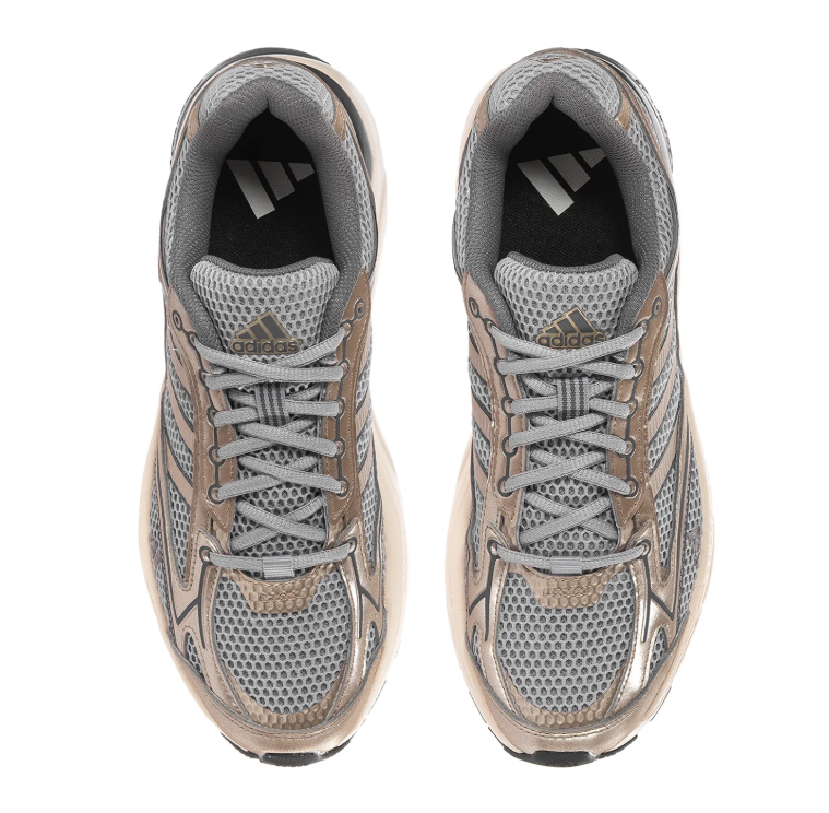 Adidas Grey Mesh Sneakers with Metallic Champagne Overlays and Cream Sole