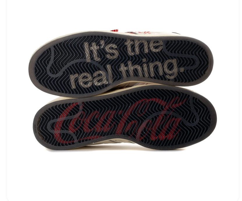 Adidas Superstar Cream Sneakers with Red Coca-Cola Graphics and Black Heel Tabs