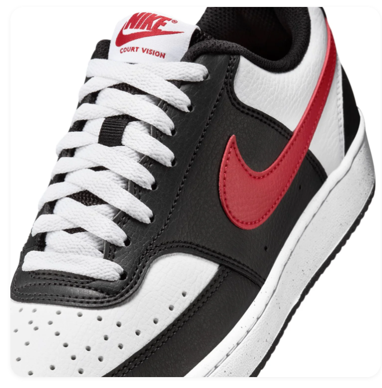 Nike Court Vision Black and White Low-Top Sneakers with Red Swoosh